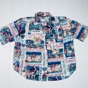 Vtg Easter 90s Tap & Co Farm Animal All Over Print Button Up Shirt 18W Novelty